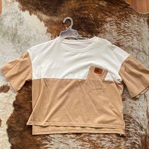 Boxy, White/Tan Casual Crop Tee
